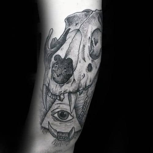 All Seeing Eye With Lion Skull Male Arm Tattoos