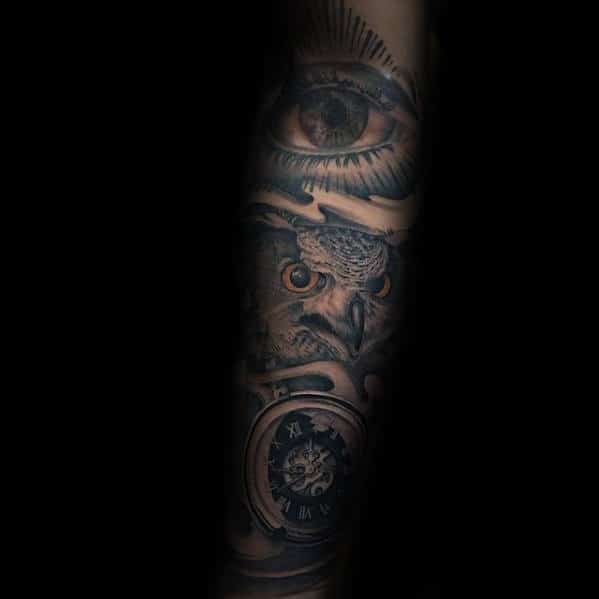 All Seeing Eye With Owl And Pocket Watch Mens Inner Forearm Sleeve Tattoos