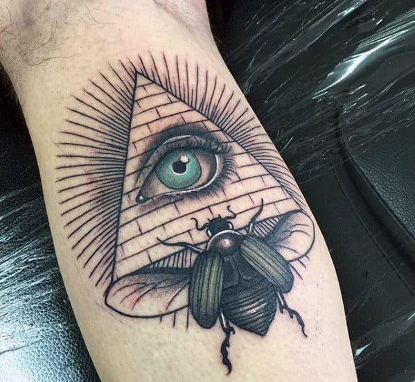 all seeing eye with pyramid and scarab mens leg calf tattoo