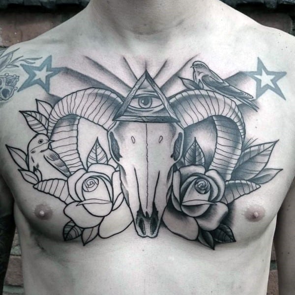 All Seeing Eye With Rose Flowers Ram Skull Mens Chest Tattoo