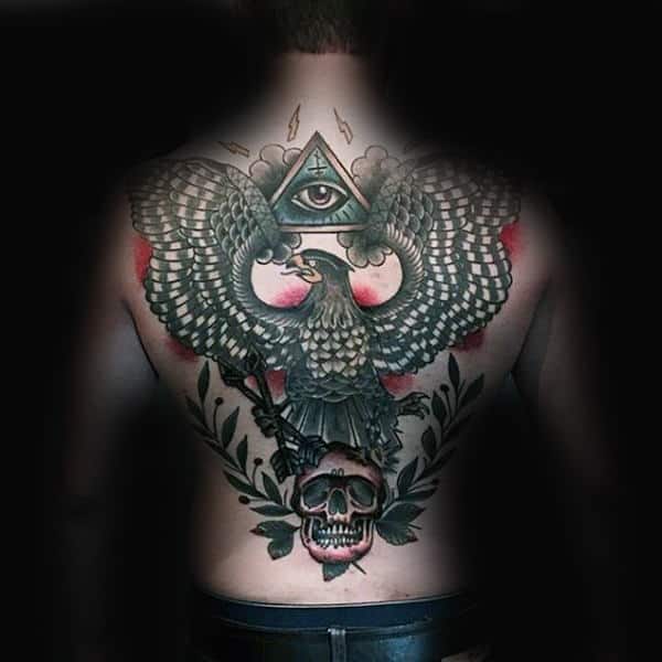 All Seeing Eye With Skull Falcon Full Back Tattoos For Men