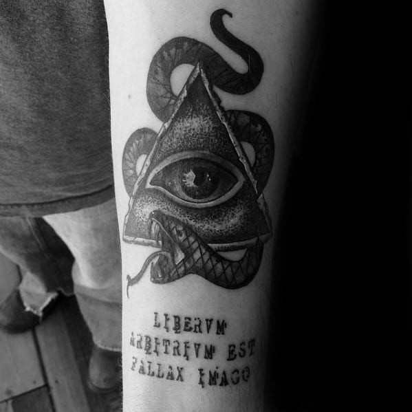 All Seeing Eye With Snake On Inner Forearm Cool Male Latin Tattoo Designs
