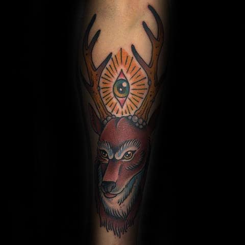 All Seeing Eye With Traditional Deer Male Forearm Tattoo Design Ideas