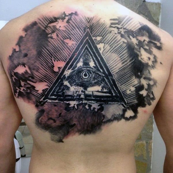 All Seeing Eye With Triangle Artistic Male Upper Back Tattoos