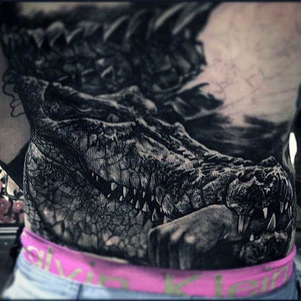 Alligator With Hand In Jaw Badass Back Tattoos For Men