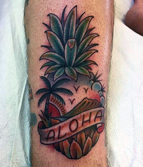 Aloha Banner Pineapple Guys Tattoos On Leg