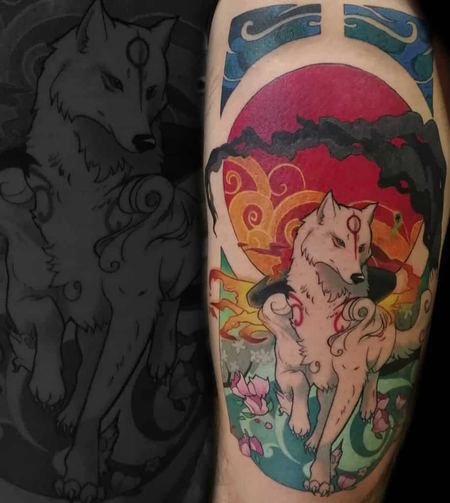Vibrant Okami tattoo featuring Amaterasu with fiery sun and swirling flames in Japanese-inspired art style