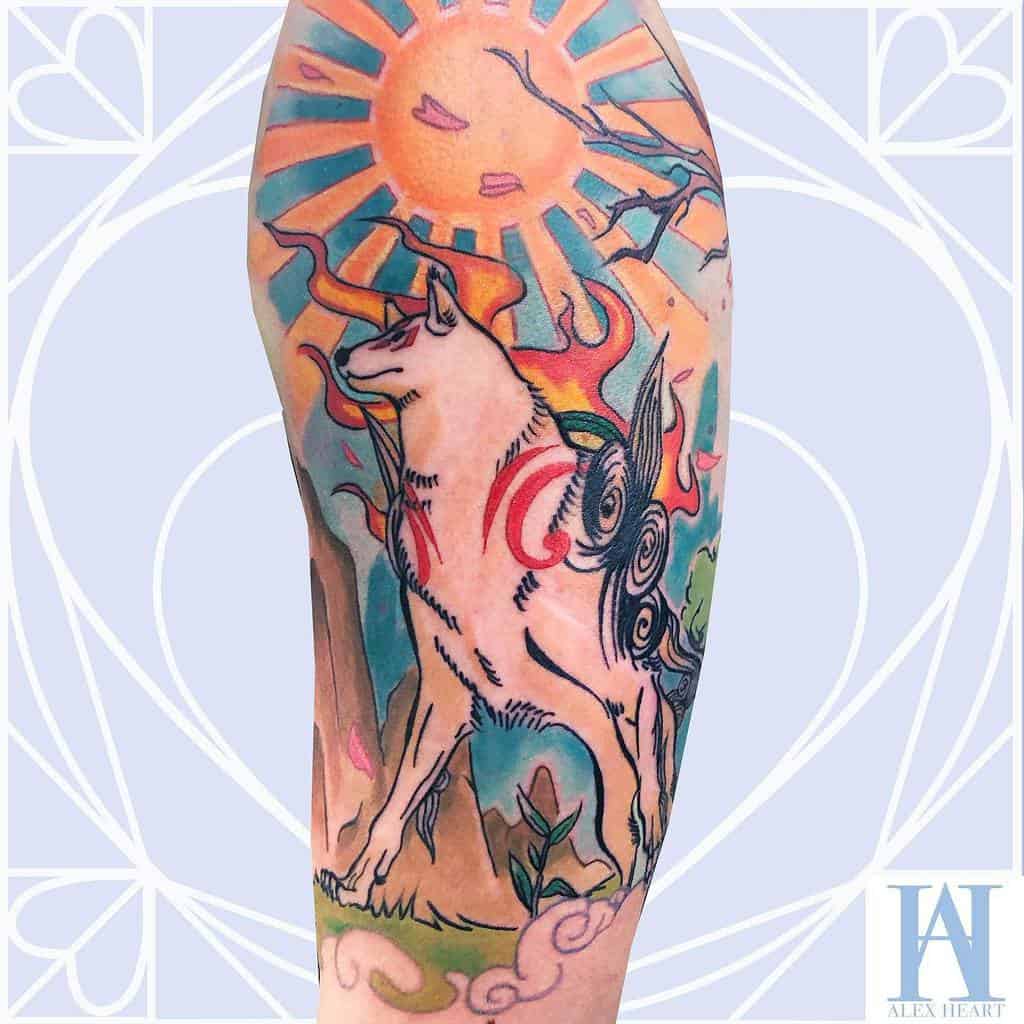 A vibrant Okami tattoo showing the wolf standing majestically under a radiant sun, with intricate swirling patterns