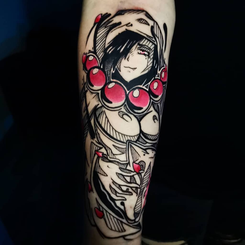 A striking tattoo of a character adorned with red beads, rendered in bold, sketch-like black and red ink