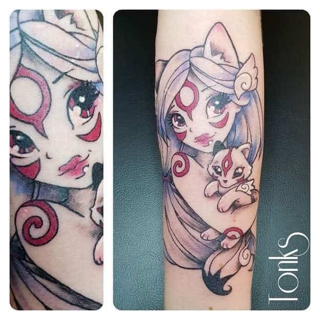 A whimsical tattoo of a girl and a wolf cub, both adorned with red Okami markings, featuring soft, playful details