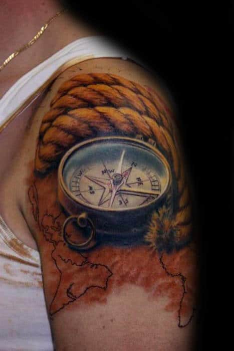 Amazing 3d Compass With Rope And Map Arm Tattoo For Men