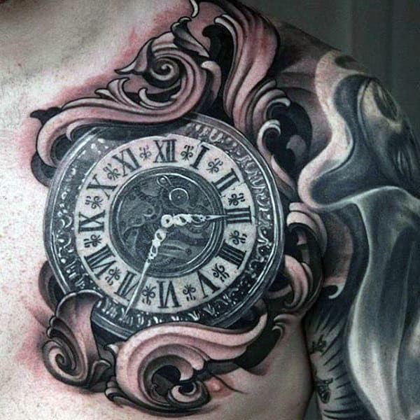 Amazing 3d Filigree Clock Mens Chest Tattoos