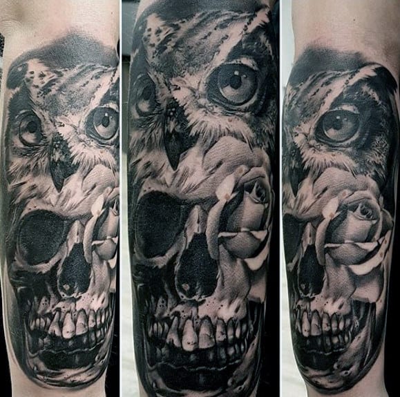 Amazing 3d Owl Skull Guys Outer Forearm Tattoos