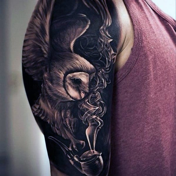 Amazing 3d Owl With Smoking Pipe Half Sleeve Dark Black Ink Tattoos