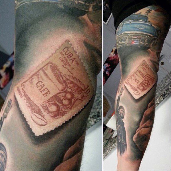 Colorful tattoo featuring a Cuban postage stamp, classic car, and artistic elements.