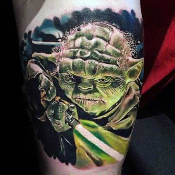 Amazing 3d Realistic Mens Quarter Sleeve Yoda Light Saber Tattoos