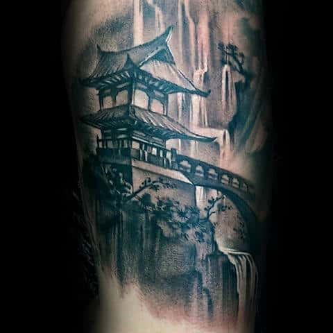 Amazing 3d Realistic Waterfall With Temple Japanese Tattoo Ideas For Males
