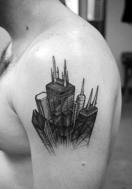 Amazing 3d Skyline Chicago City Mens Upper Arm Tattoo Designs