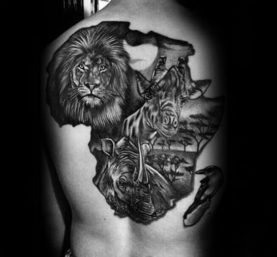 Amazing Africa Animals Themed Back Tattoo For Men