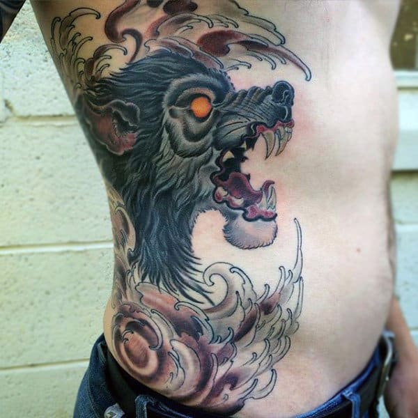 Amazing Amber Eyed Werwolf Tattoo Guys Side Ribs