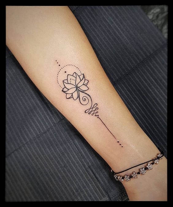 Unalome tattoo with a lotus on the forearm, symbolizing spiritual growth, enlightenment, and the journey to inner peace.
