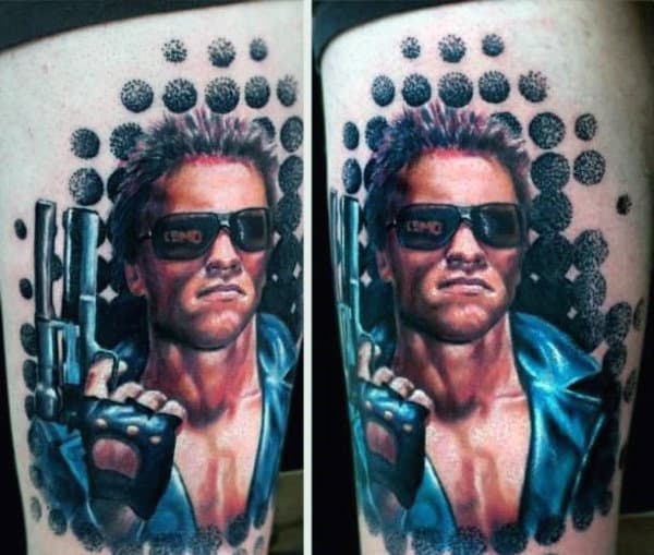 Amazing Arnold Schwarzenegger Mens Circular Terminator Thigh Tattoos For Guys