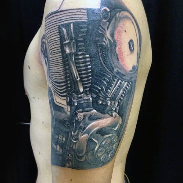 Amazing Biker Mens Engine Arm Tattoo Design Inspiration
