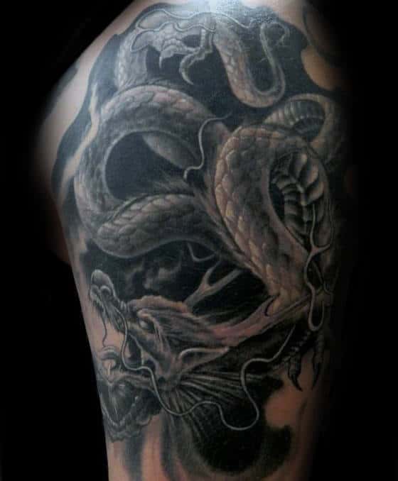 Amazing Black And Grey Dragon Male 3d Upper Arm Tattoos