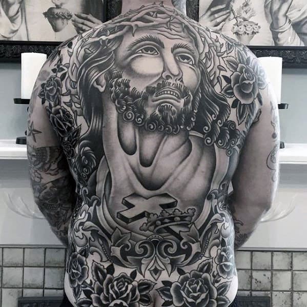 Amazing Black And Grey Ink Mens Traditional Jesus Themed Full Back Tattoos