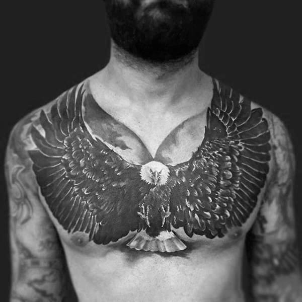 Amazing Black And White Ink Heavily Shaded Tattoo Of Eagle On Chest For Men
