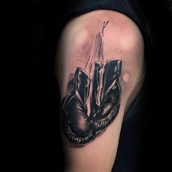 Amazing Black Boxing Gloves Upper Arm Tattoo On Man