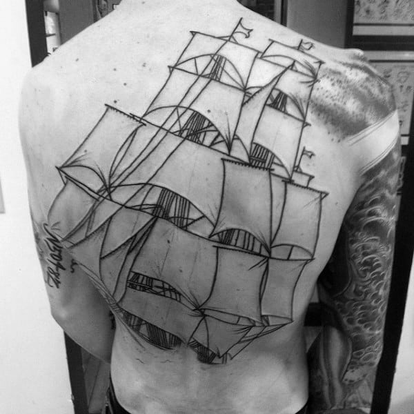 Amazing Black Ink Outline Mens Sailing Ship Full Back Tattoo Designs