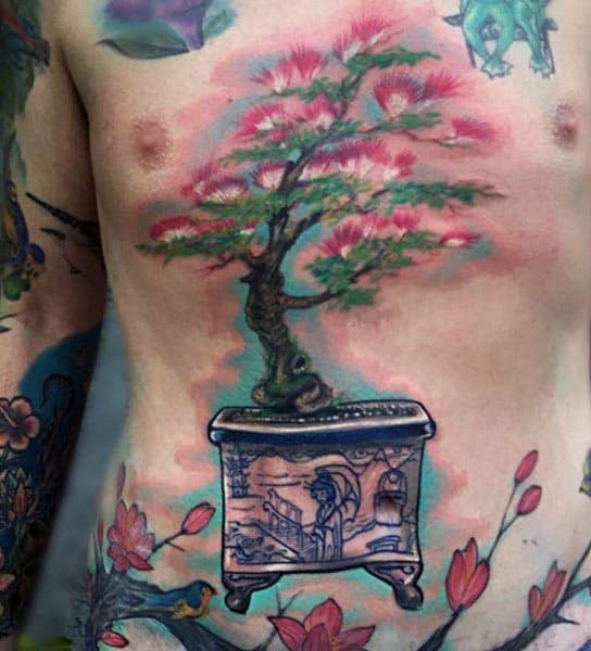 Amazing Bonsai Tree Stomach Tattoos For Guys