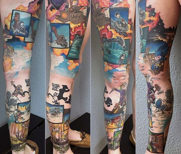 Amazing Calvin And Hobbes Full Leg Sleeve Themed Tattoo Designs