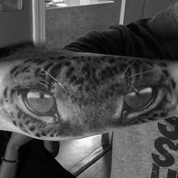 Amazing Cheetah Eyes Male Outer Forearm Tattoos