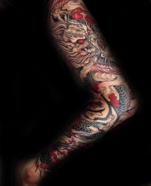 Amazing Chinese Dragon Red And Black Ink Mens Leg Sleeve Tattoo