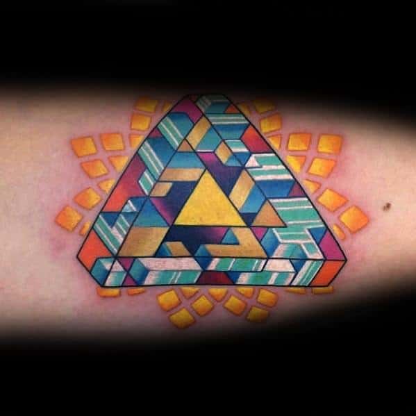 Amazing Colorful Inner Arm Bicep Mens Penrose Triangle Tattoo Designs