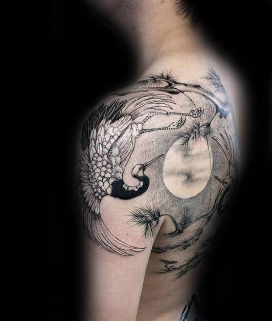 Amazing Crane Moon Guys Detailed Upper Back And Shoulder Tattoo