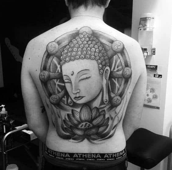 Amazing Dharma Wheel Religious Male Back Tattoos