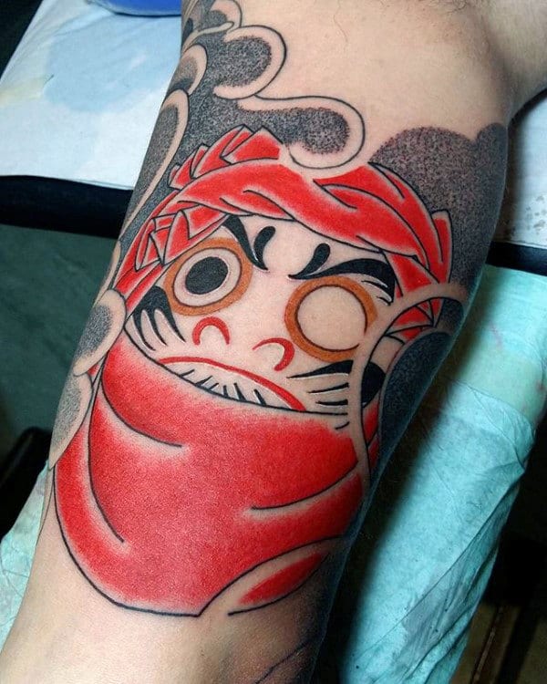 Amazing Dotwork Male Daruma Doll Inner Arm Bicep Tattoos