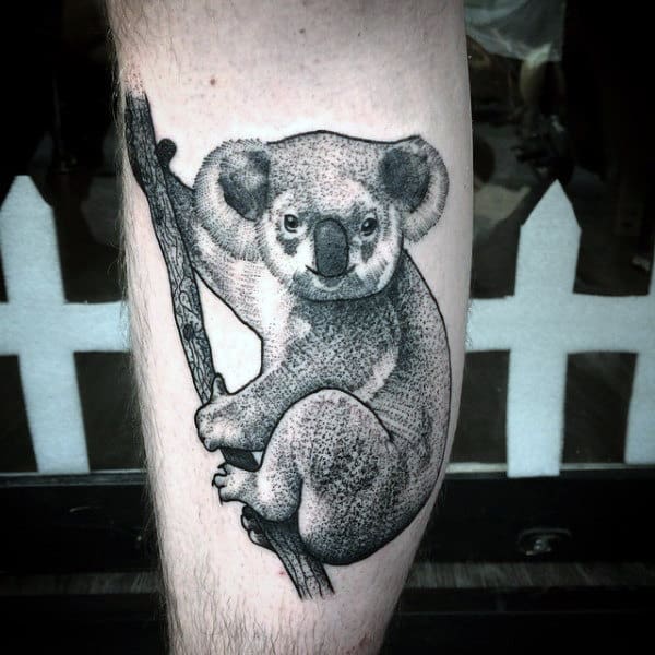 Amazing Dotwork Mens Koala On Tree Branch Tattoos