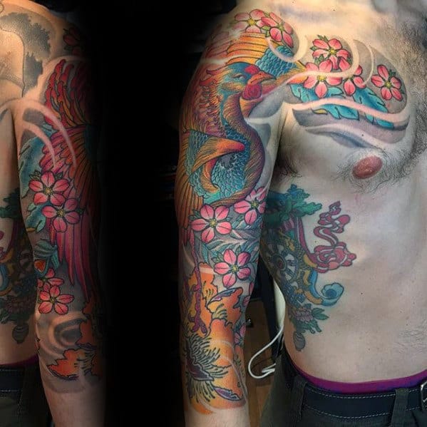 Amazing Floral Phoenix Japanese Sleeve And Chest Tattoos For Guys