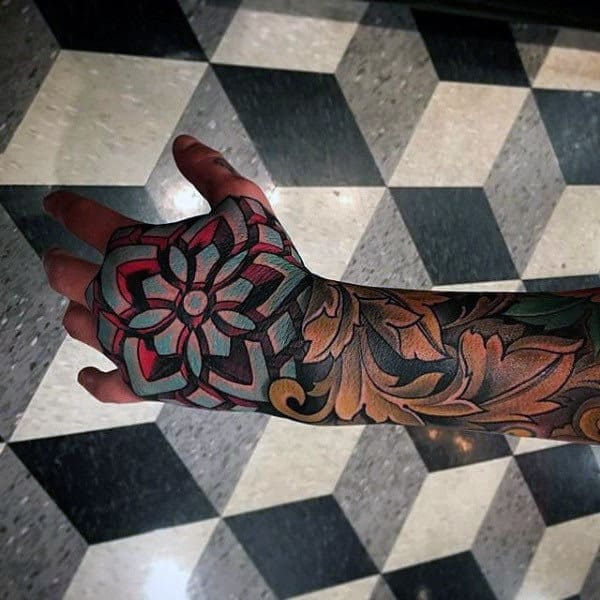 Amazing Flower Shape Optical Illusion Mens Sleeve Tattoo On Hand