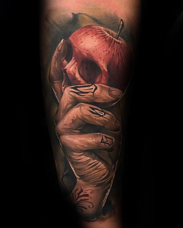 Amazing Forearm Sleeve Tattoo Of Hand Holding Apple Skull