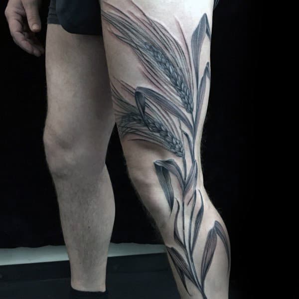 Amazing Full Leg Guys Wheat Tattoo Design Ideas