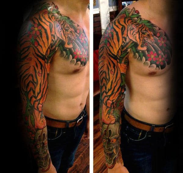 Amazing Full Sleeve Japanese Tattoo Fof Tiger On Male