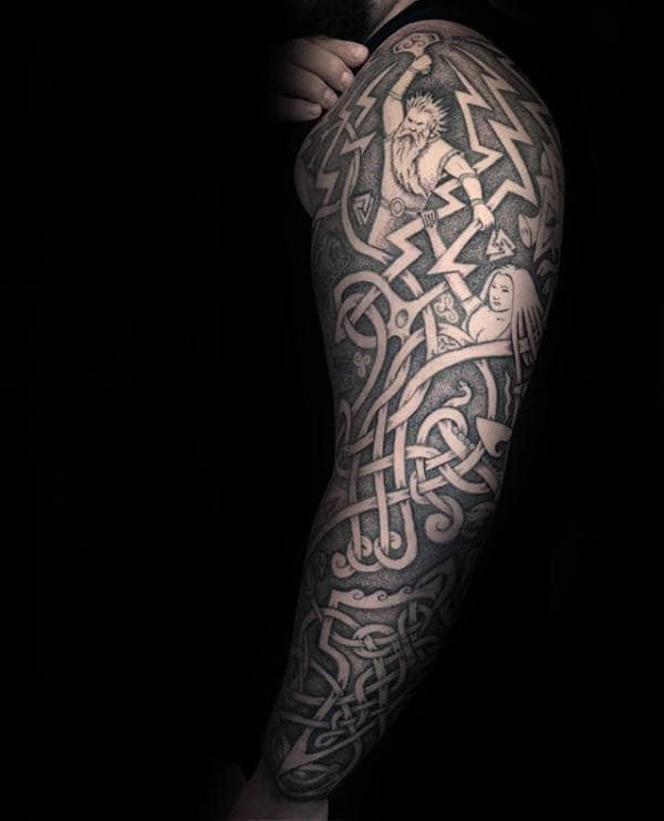 Amazing Full Sleeve Mjolnir Mens Negative Space Tattoos