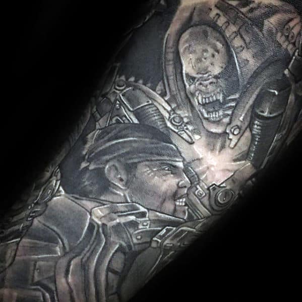 Amazing Gears Of War Guys Forearm Sleeve Tattoos With Black And Grey Ink Design