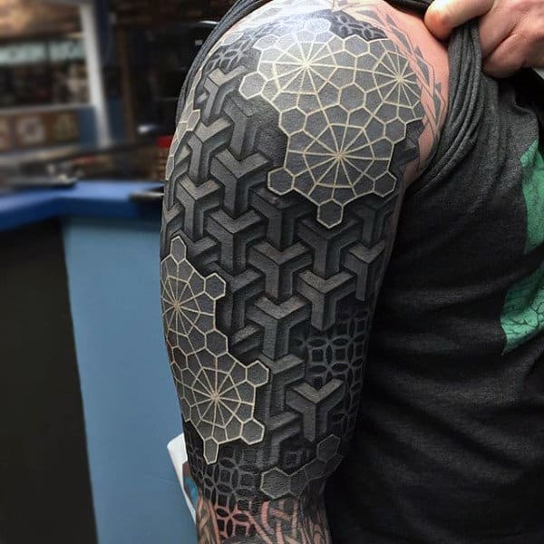 Amazing Geometric 3d White Ink Sleeve Tattoo For Men