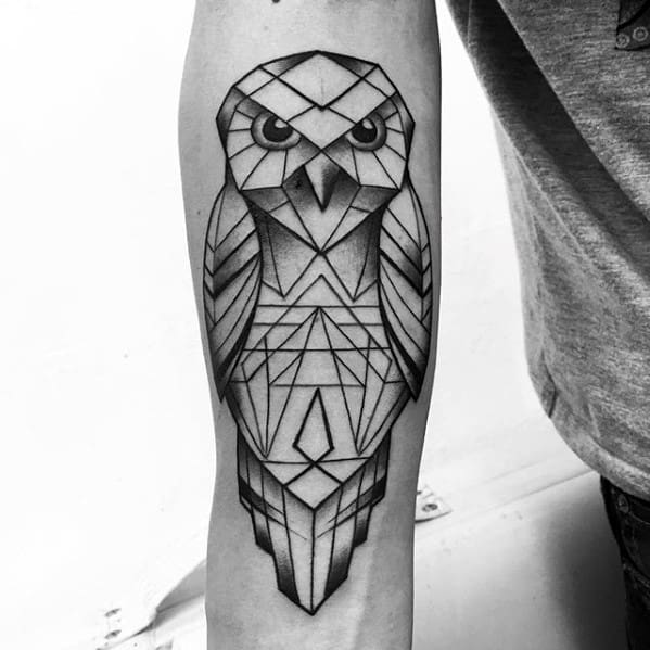 Amazing Geometric Owl Male Inner Forearm Tattoo Designs